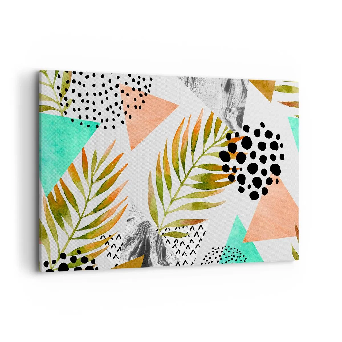 Quadro su tela - Stampe su Tela - Motivo tropicale con foglie e forme geometriche - 120x80cm - Decorazione con foglie di palma - Decorazione murale moderna per soggiorno e camera da letto ARTTOR
