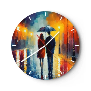 Orologio da parete - Orologio in Vetro - Una coppia con un ombrello in una strada colorata e piovosa di notte. - 30x30cm - Insieme la notte è colorata - Decorazione murale moderna per soggiorno, cucina e camera da letto ARTTOR