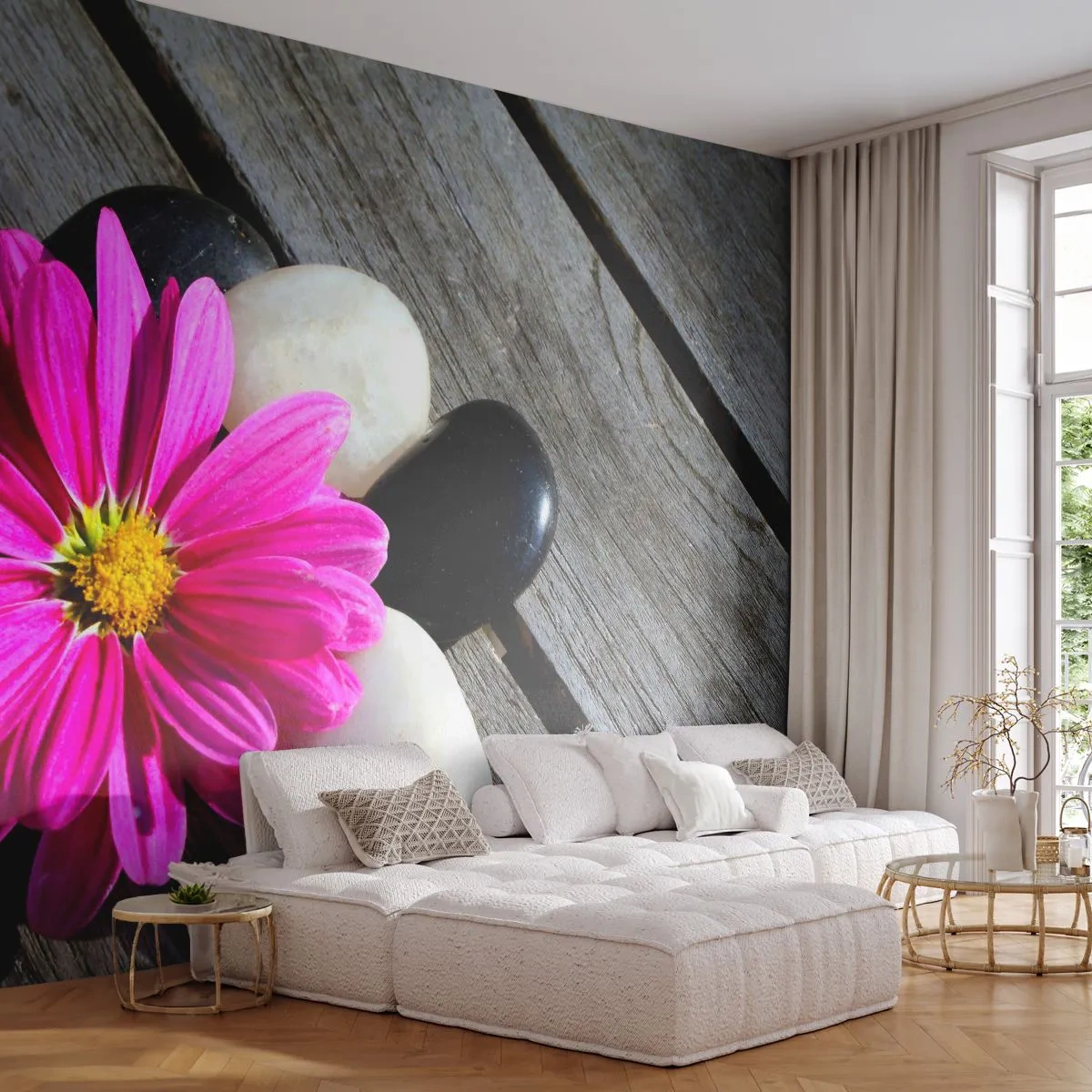 Fotomurali Premium Sand - Riposo sul molo - Fiore, Pietre, Ponte di Legno - 150x105 cm