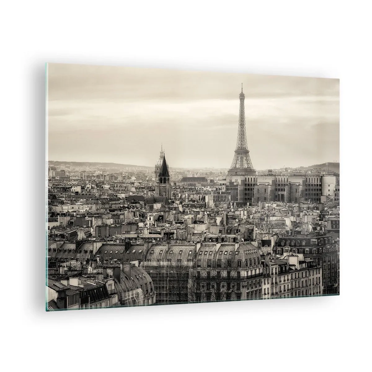 Quadro su vetro - Un panorama di Parigi con vista sulla Torre Eiffel nei toni seppia - 70x50cm - Sui tetti di Parigi - Decorazione murale moderna per soggiorno e camera da letto ARTTOR