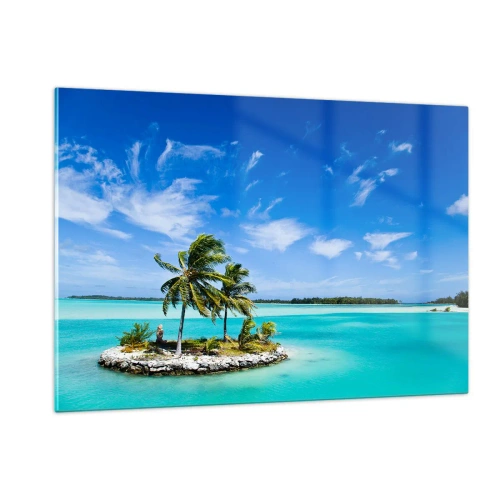Quadro su vetro - Un'isola tropicale sullo sfondo di un oceano turchese - 120x80cm - Paradiso in terra - Decorazione murale moderna per soggiorno e camera da letto ARTTOR