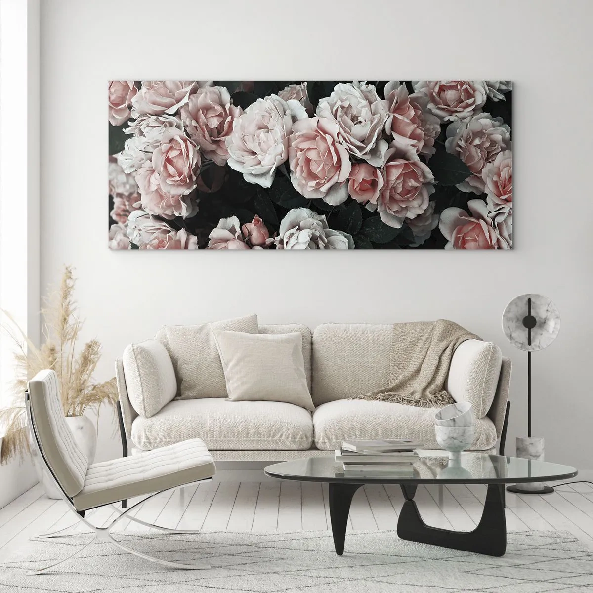 Quadro su vetro - Rose rosa su sfondo scuro in una composizione delicata - 120x50cm - Composizione di rose - Decorazione murale moderna per soggiorno e camera da letto ARTTOR