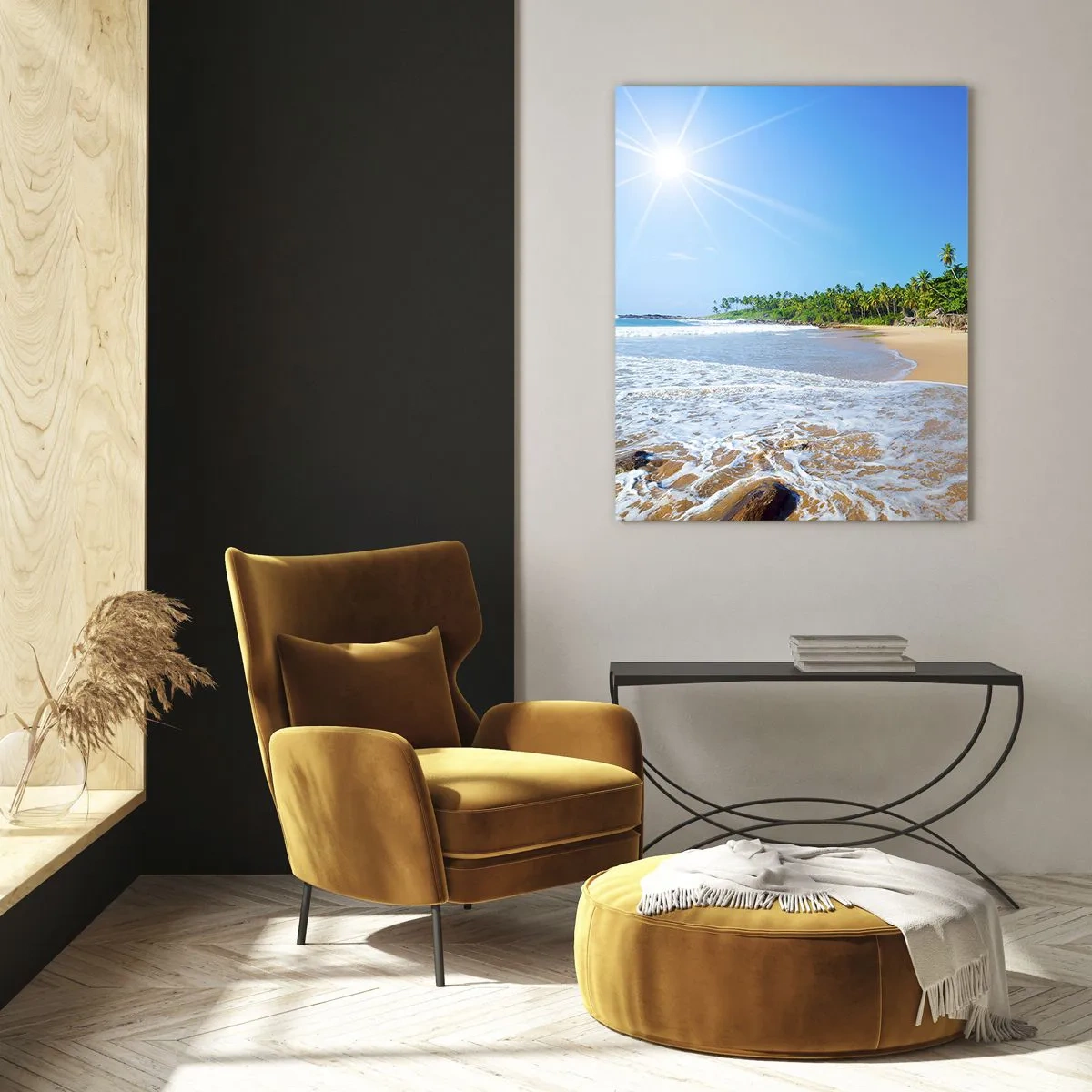 Quadro su vetro - Spiaggia tropicale con palme e onde sotto un cielo azzurro - 50x70cm - Un luogo esotico per te - Decorazione murale moderna per soggiorno e camera da letto ARTTOR