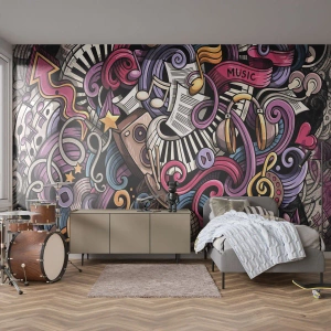 Fotomurali Premium Sand - Astrazione colorata con simboli e strumenti musicali - 100x70cm - Melodia complicata - Decorazione murale moderna per soggiorno e camera da letto ARTTOR