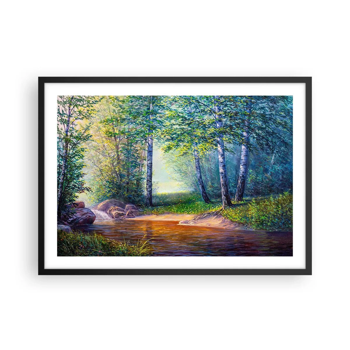 Poster in cornice nera - Un ruscello nella foresta circondato da betulle e sole - 70x50cm - Scena di beatitudine - Decorazione murale moderna per soggiorno e camera da letto ARTTOR