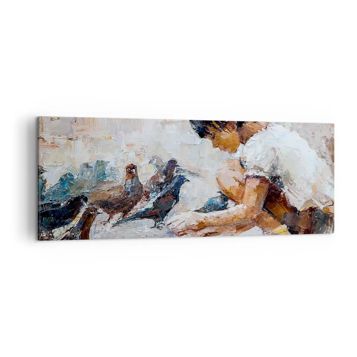 Quadro su tela - Stampe su Tela - Una ragazza che dà da mangiare agli uccelli in stile pittorico - 140x50cm - Piccoli e gentili - Decorazione murale moderna per soggiorno e camera da letto ARTTOR