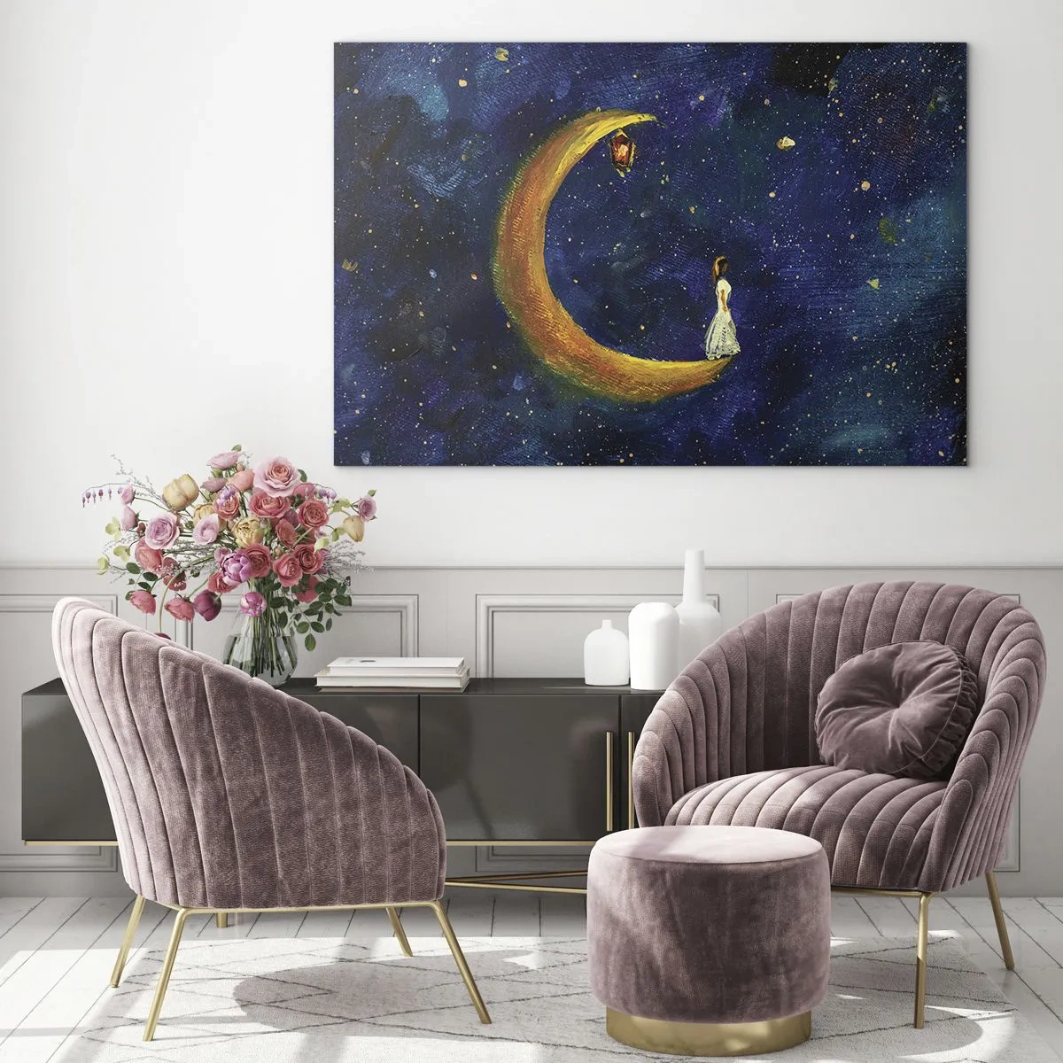 Quadro su vetro - Una figura sulla luna nel cielo notturno - 120x80cm - Il richiamo del mondo - Decorazione murale moderna per soggiorno e camera da letto ARTTOR