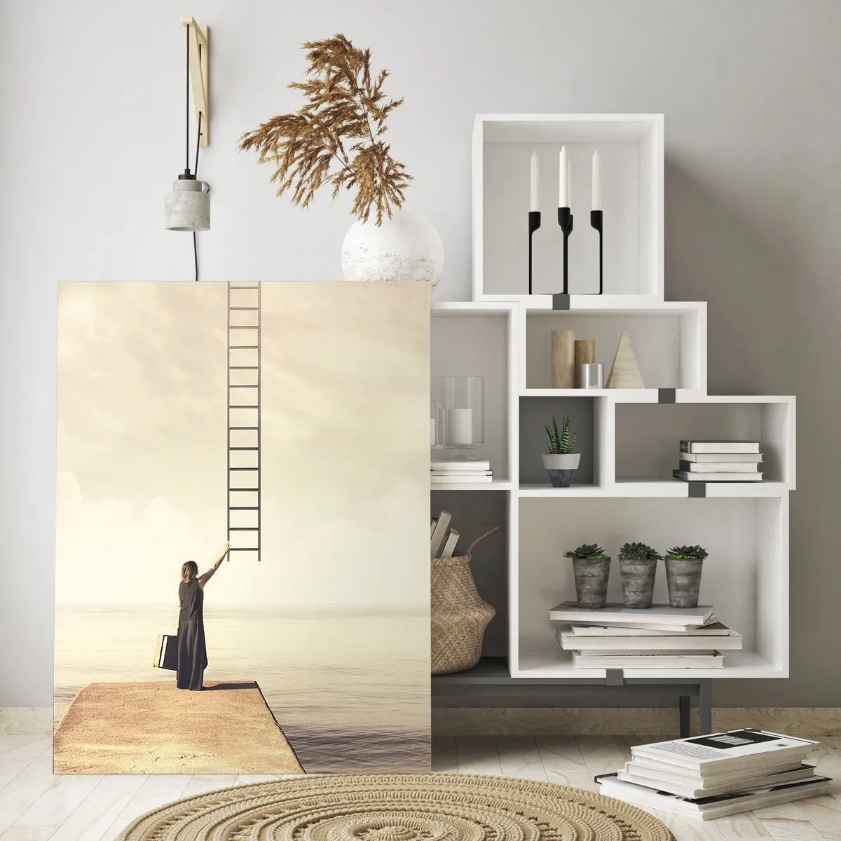 Quadro su vetro - Donna su un molo con una scala che porta al paradiso - 50x70cm - Viaggio magico - Decorazione murale moderna per soggiorno e camera da letto ARTTOR