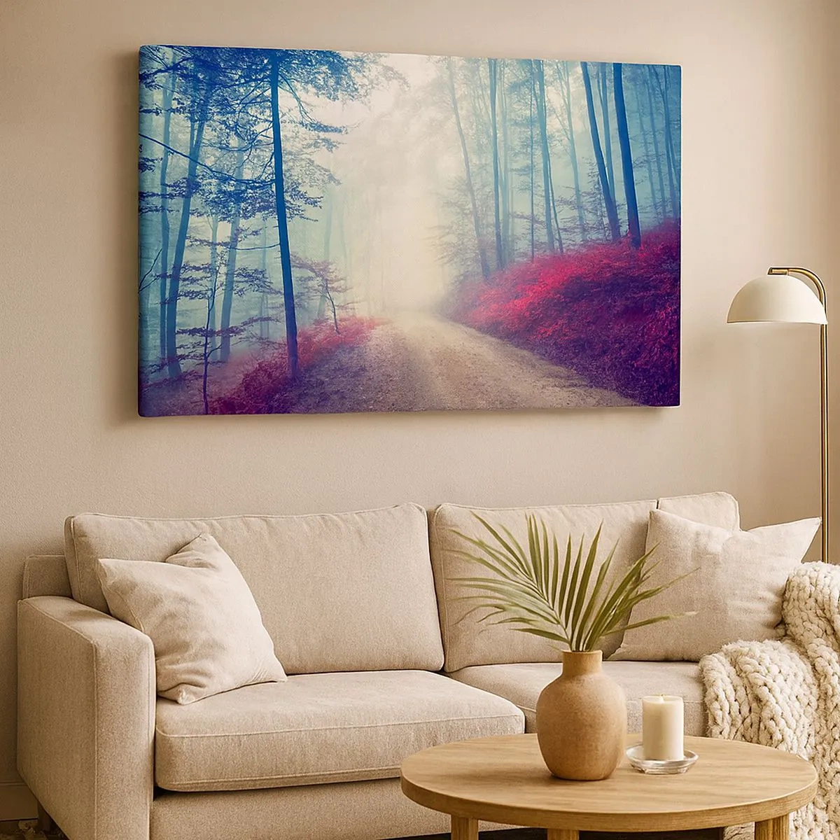 Quadro su tela - Stampe su Tela - Un magico sentiero nel bosco circondato da alberi e nebbia - 70x50cm - Come è bello alzarsi all'alba - Decorazione murale moderna per soggiorno e camera da letto ARTTOR