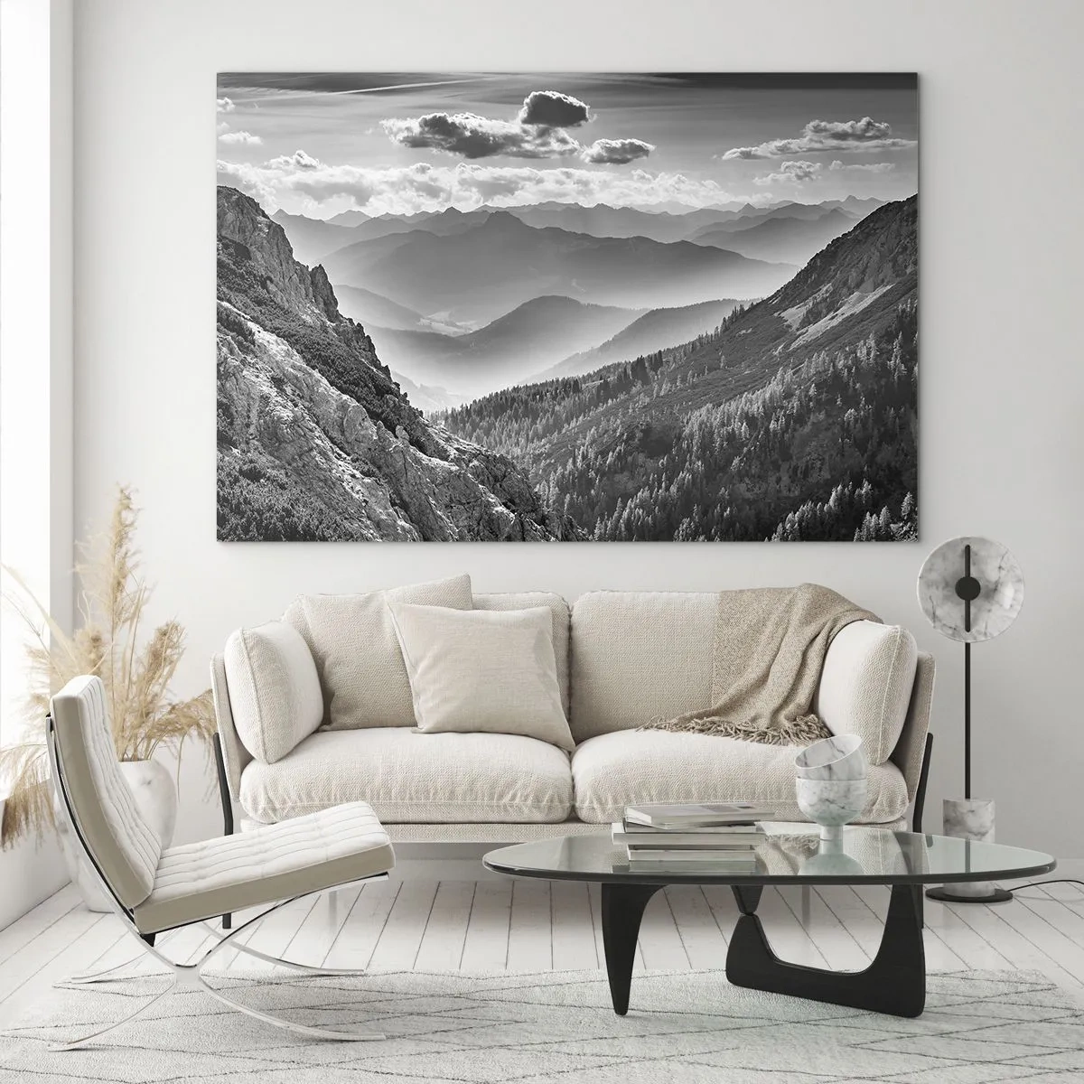 Quadro su vetro - Panorama montano in bianco e nero con vista sulla valle - 100x70cm - Fino all'orizzonte - Decorazione murale moderna per soggiorno e camera da letto ARTTOR
