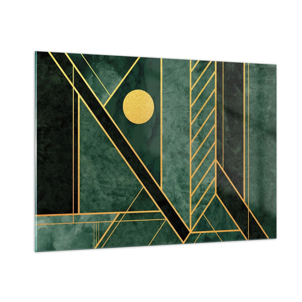 Quadro su vetro - Astrazione geometrica verde e oro in stile Art Déco - 100x70cm - Dinamica di oro e azzurro - Decorazione murale moderna per soggiorno e camera da letto ARTTOR