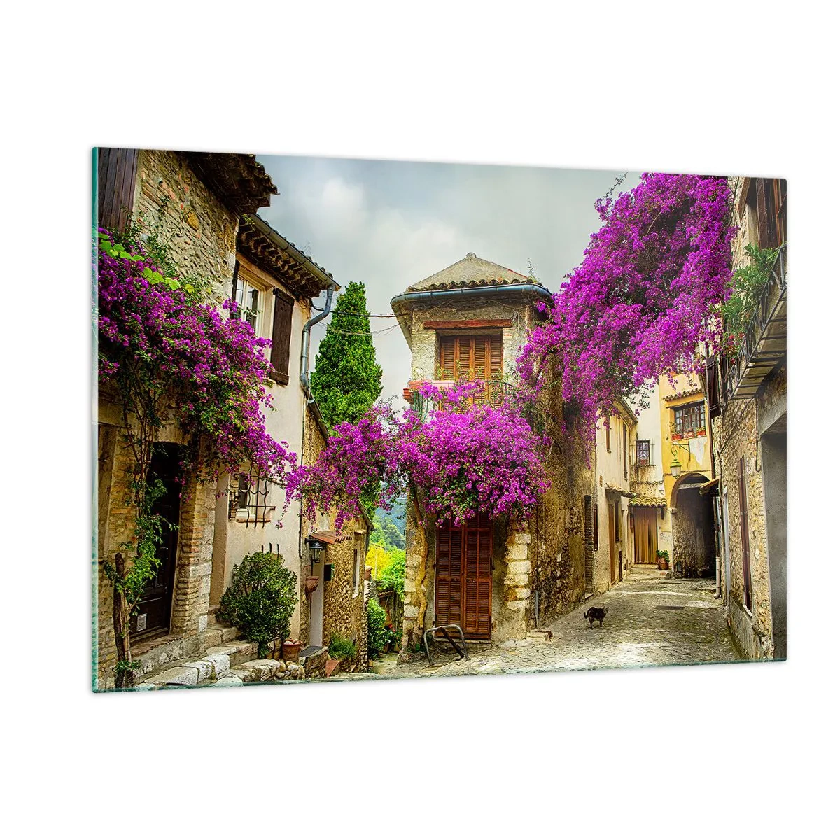 Quadro su vetro - Una strada affascinante con viti rosa in fiore e case popolari - 120x80cm - Sotto un baldacchino di fiori - Decorazione murale moderna per soggiorno e camera da letto ARTTOR