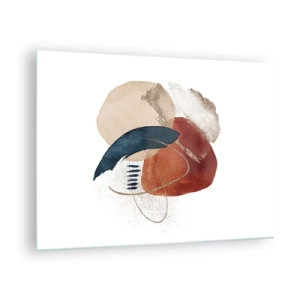 Quadro su vetro - Una composizione astratta in tonalità calde con elementi acquatici. - 70x50cm - Composizione ovale - Decorazione murale moderna per soggiorno e camera da letto ARTTOR