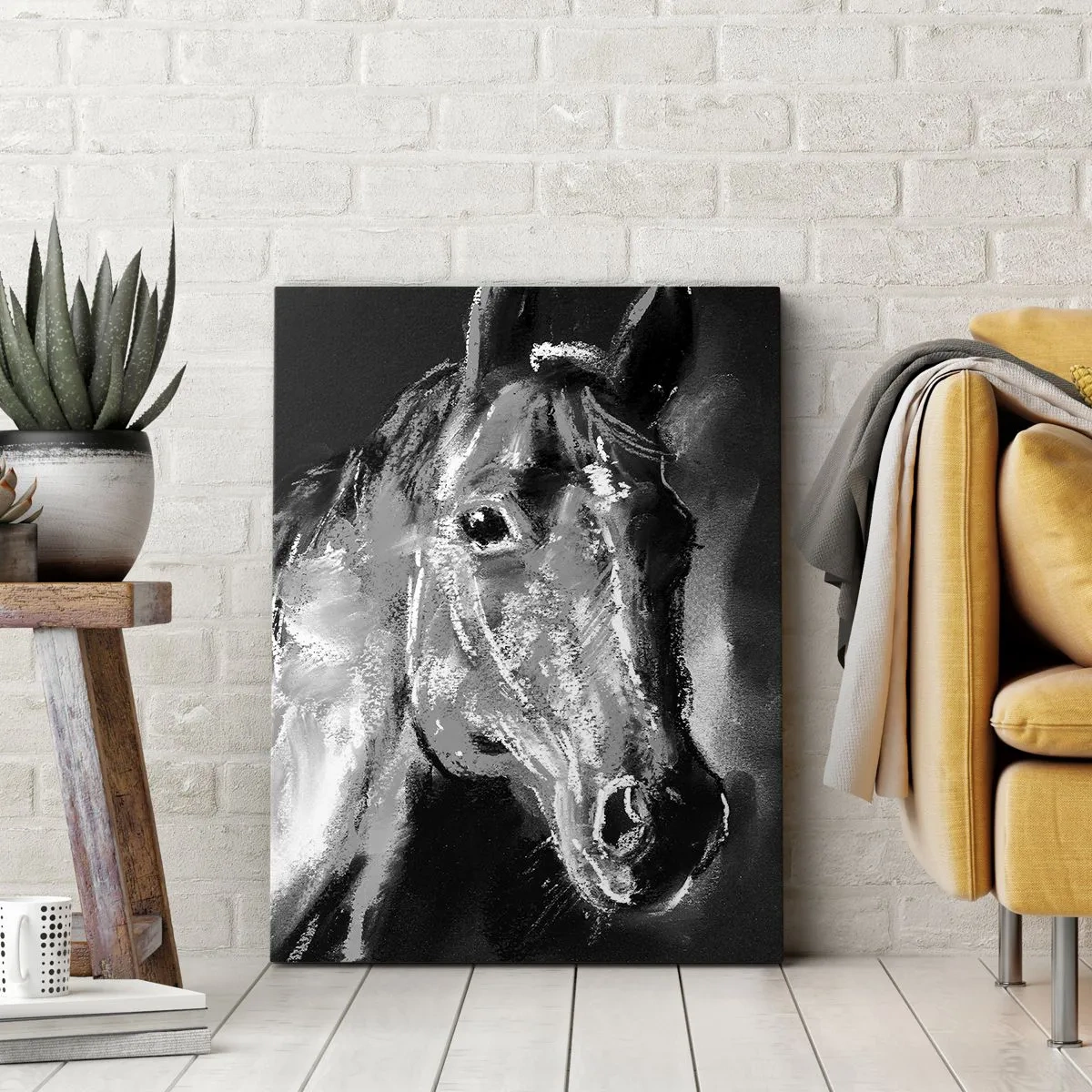 Quadro su tela - Stampe su Tela - Ritratto di un cavallo in uno stile dinamico in bianco e nero - 50x70cm - Splendore di un'anima nobile - Decorazione murale moderna per soggiorno e camera da letto ARTTOR
