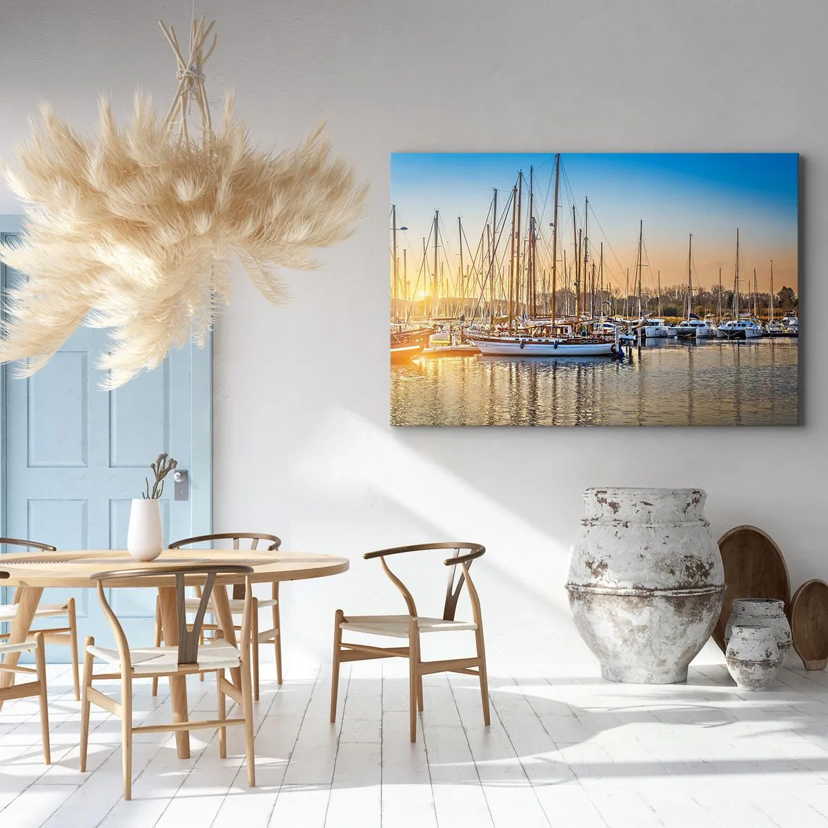 Quadro su tela - Stampe su Tela - Tramonto su un porto turistico pieno di barche a vela - 70x50cm - Anche il vento va a dormire - Decorazione murale moderna per soggiorno e camera da letto ARTTOR
