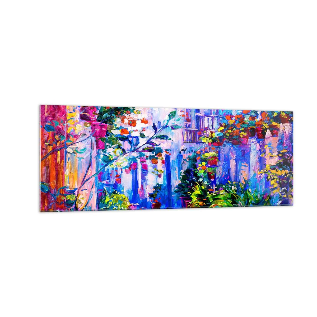 Quadro su vetro - Una strada colorata piena di fiori - 140x50cm - Impressionismo: stradina italiana - Decorazione murale moderna per soggiorno e camera da letto ARTTOR