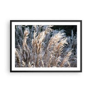 Poster in cornice nera - Fili d'erba invernali ricoperti di brina su uno sfondo verde scuro - 70x50cm - Vestite di brina - Decorazione murale moderna per soggiorno e camera da letto ARTTOR
