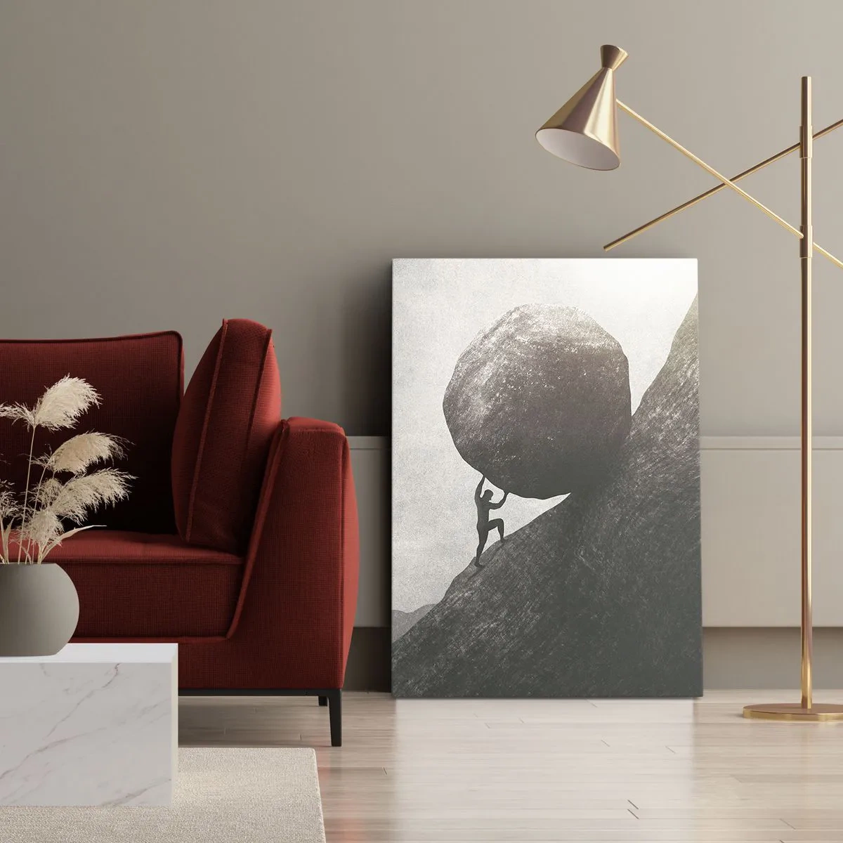 Quadro su tela - Stampe su Tela - Un uomo che scala un enorme masso su una collina - 50x70cm - Credo contro ogni speranza - Decorazione murale moderna per soggiorno e camera da letto ARTTOR