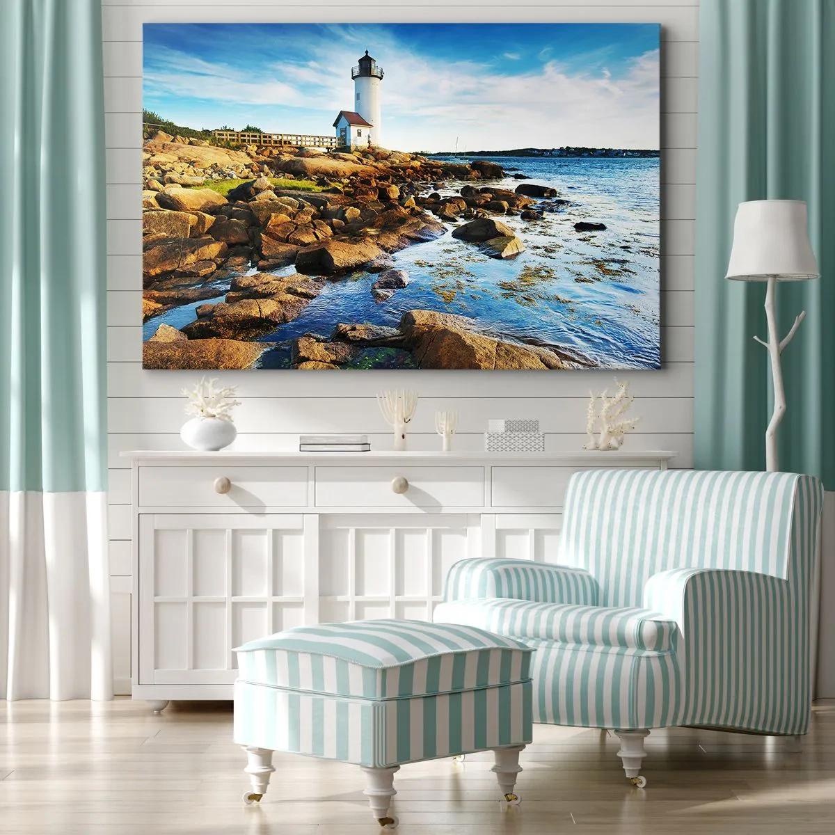 Quadro su tela - Stampe su Tela - Un faro su una costa rocciosa in una giornata di sole - 70x50cm - Tornate sani e salvi, vi aspetto - Decorazione murale moderna per soggiorno e camera da letto ARTTOR