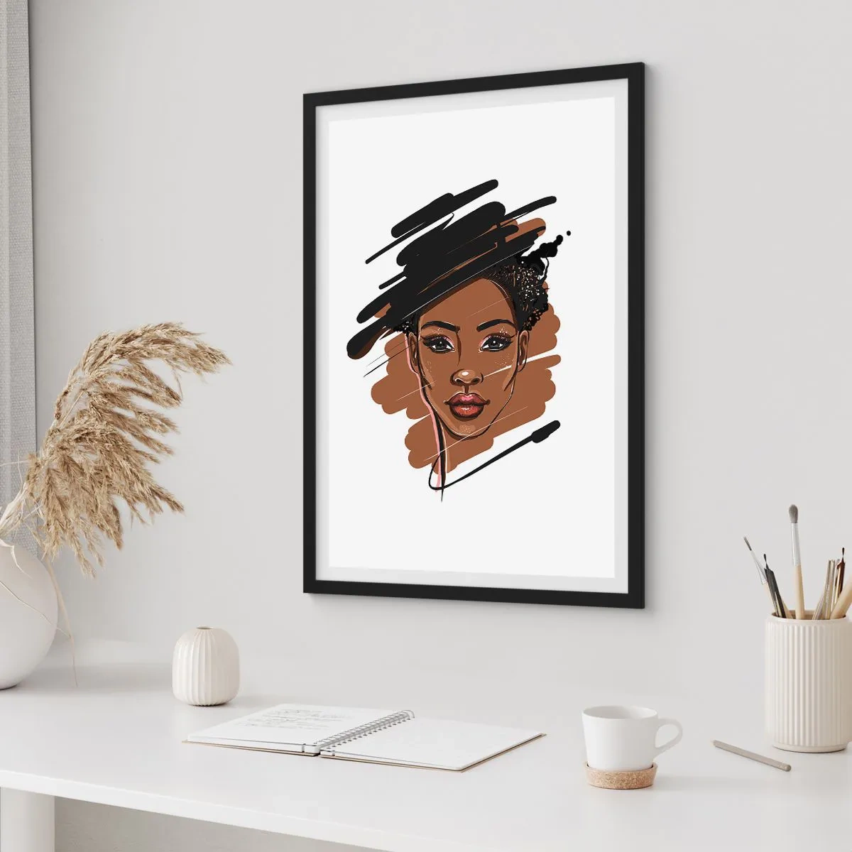 Poster in cornice nera - Ritratto stilizzato di una donna nei toni del marrone e del nero - 50x70cm - Dolce come la cioccolata - Decorazione murale moderna per soggiorno e camera da letto ARTTOR
