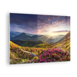 Quadro su vetro - Paesaggio montano all'alba con fiori in fiore - 70x50cm - La freschezza di un mattino sui monti - Decorazione murale moderna per soggiorno e camera da letto ARTTOR