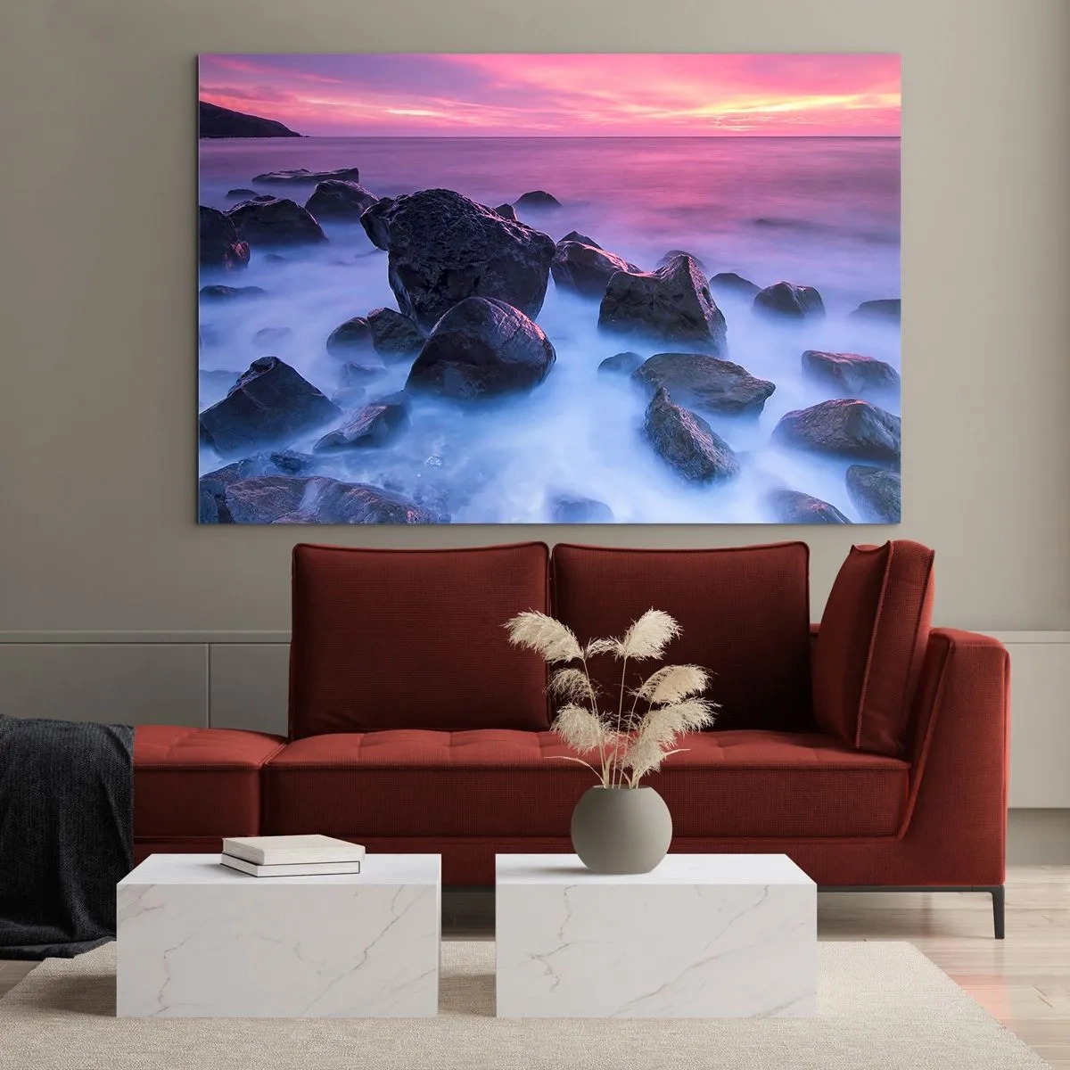 Quadro su vetro - Onde che si infrangono sugli scogli al tramonto - 120x80cm - Nascita nella luce e nella nebbia - Decorazione murale moderna per soggiorno e camera da letto ARTTOR