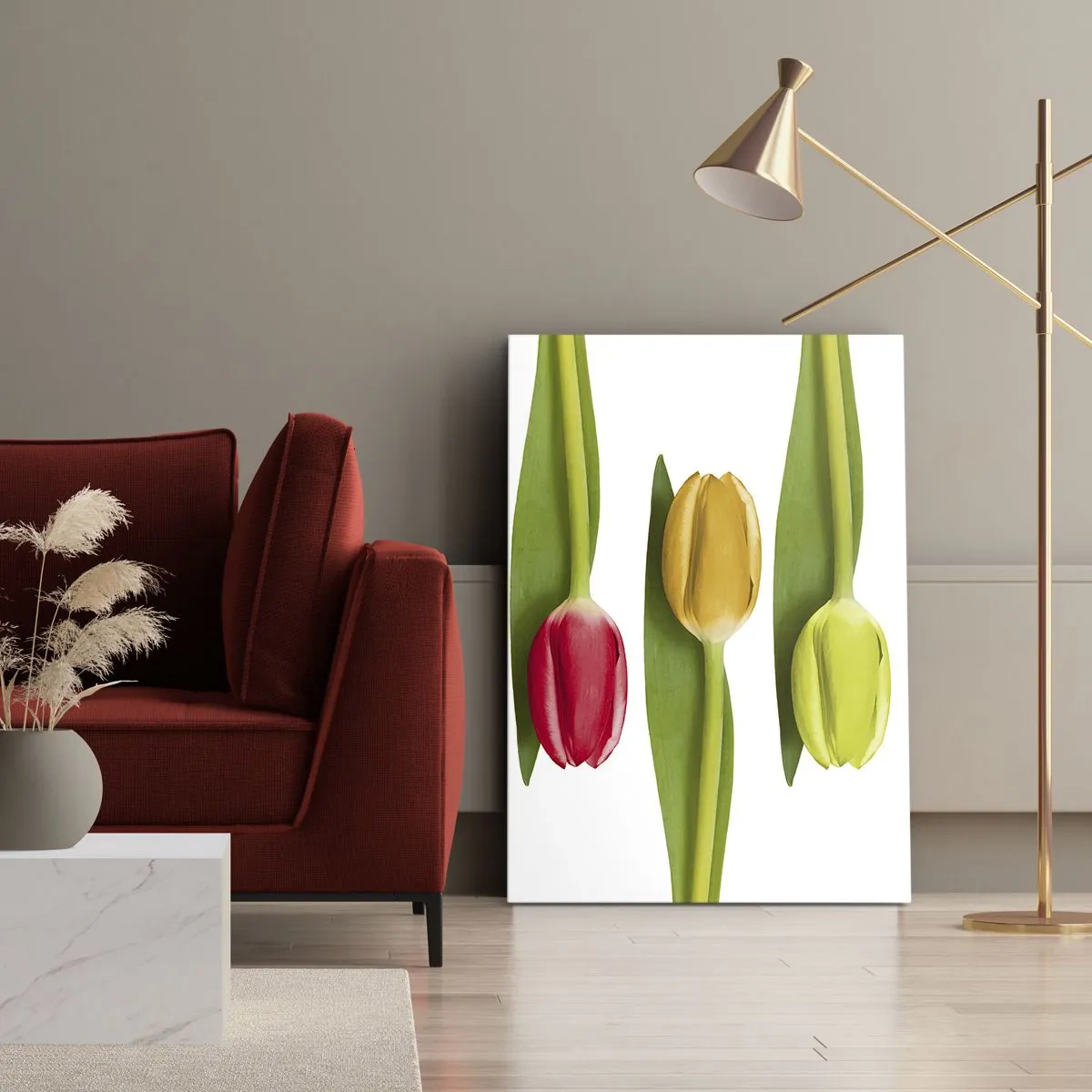 Quadro su tela - Stampe su Tela - Tulipani multicolori disposti in fila su uno sfondo bianco - 50x70cm - Composizione arcobaleno - Decorazione murale moderna per soggiorno e camera da letto ARTTOR