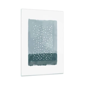 Quadro su vetro - Un dipinto astratto nei toni del blu con puntini bianchi. - 50x70cm - Spuntate nel blu - Decorazione murale moderna per soggiorno e camera da letto ARTTOR