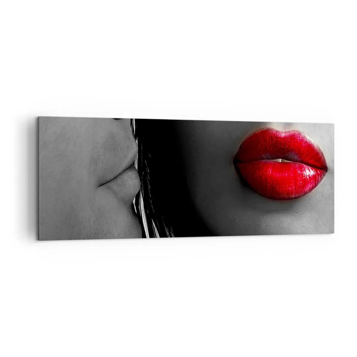 Quadro su tela - Stampe su Tela - Primo piano dei volti di una donna e di un uomo con le labbra rosse. - 140x50cm - Volto accanto al volto  - Decorazione murale moderna per soggiorno e camera da letto ARTTOR