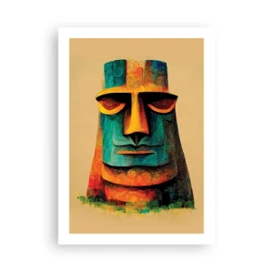 Poster - Un'interpretazione colorata di una statua Moai su uno sfondo beige - 50x70cm - Statuario, ma simpatico - Decorazione murale moderna per soggiorno e camera da letto ARTTOR