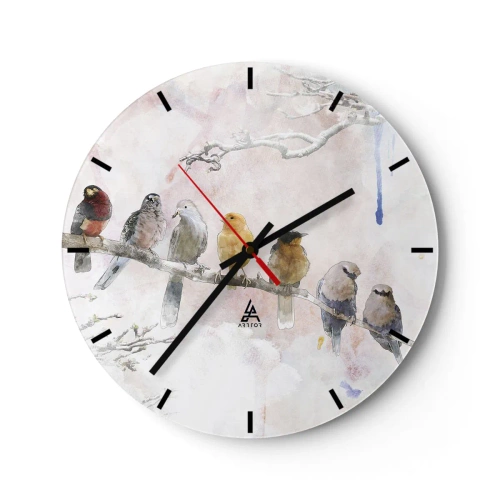 Orologio da parete - Orologio in Vetro - Acquerello di uccelli seduti su un ramo - 30x30cm - Incontro alato - Decorazione murale moderna per soggiorno, cucina e camera da letto ARTTOR