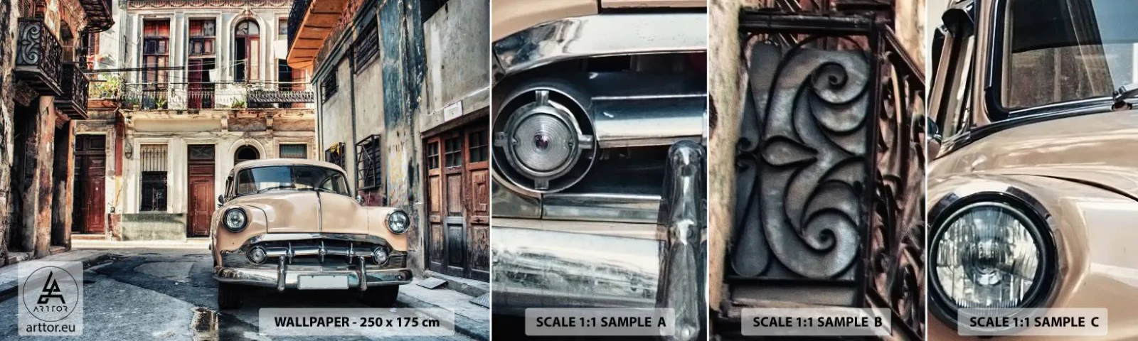 Campione di Fotomurale Adesivo Deluxe Sticker - Siesta all'Avana - Macchina vintage, Architettura, Città - 100x30 cm