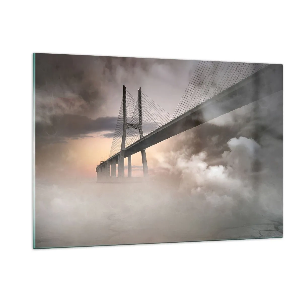 Quadro su vetro - Un ponte nella nebbia con un cielo spettacolare e una prospettiva di profondità - 120x80cm - Sul fiume che non c'è - Decorazione murale moderna per soggiorno e camera da letto ARTTOR