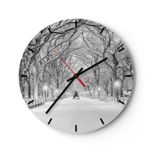 Orologio da parete - Orologio in Vetro - Viale alberato invernale nel parco illuminato da lanterne - 30x30cm - Quattro stagioni: l'inverno - Decorazione murale moderna per soggiorno, cucina e camera da letto ARTTOR