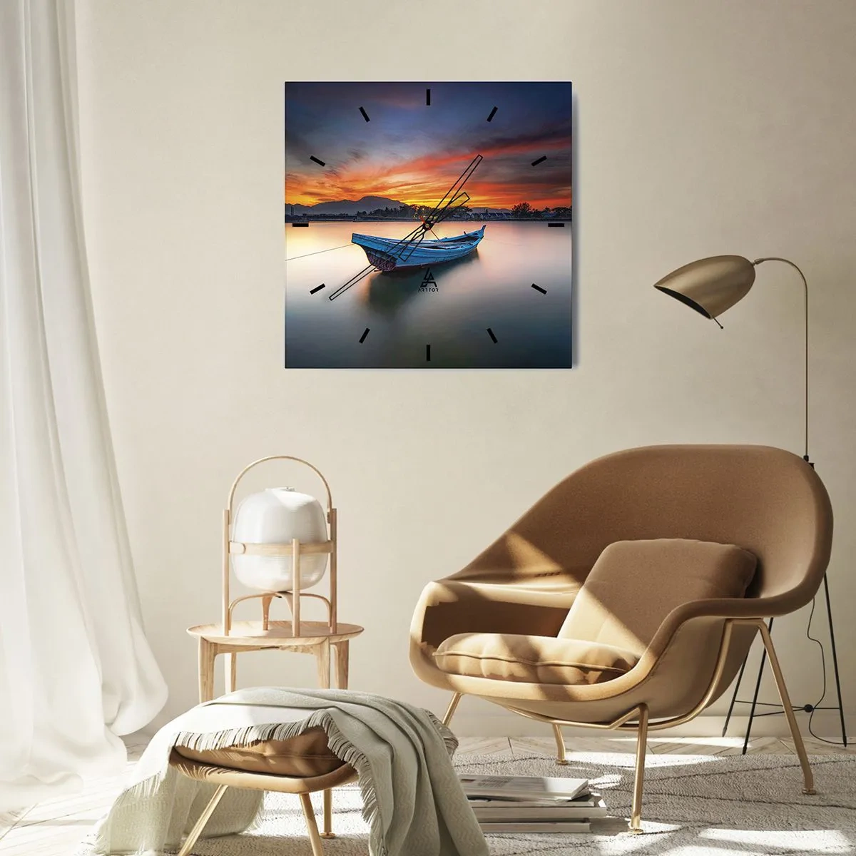 Orologio da parete - Orologio in Vetro - Una barca sull'acqua durante un pittoresco tramonto - 30x30cm - Viene una notte buona - Decorazione murale moderna per soggiorno e camera da letto ARTTOR