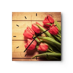 Orologio da parete - Orologio in Vetro - Un mazzo di tulipani rosa su uno sfondo di legno - 30x30cm - Confessione primaverile - Decorazione murale moderna per soggiorno e camera da letto ARTTOR