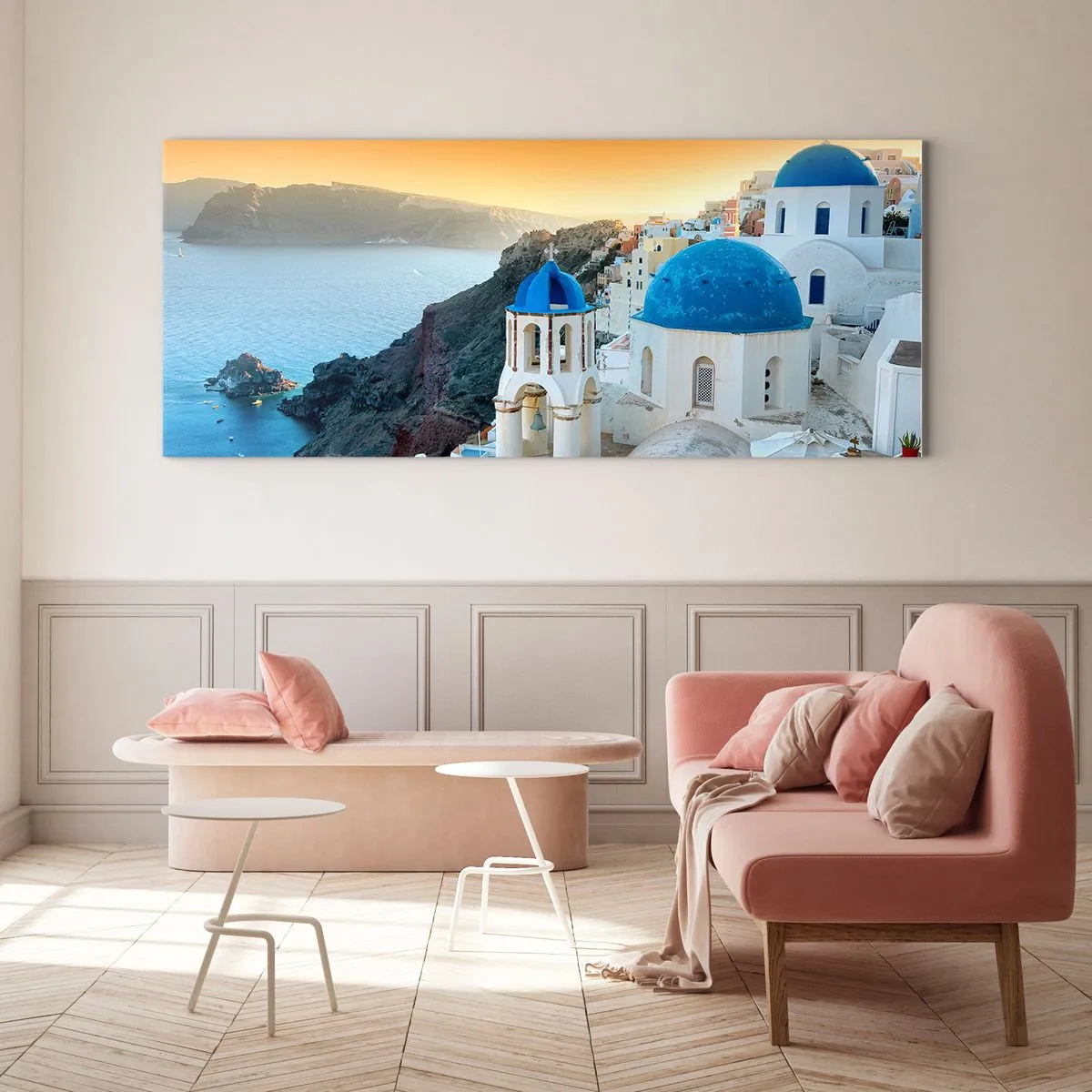 Quadro su vetro - Santorini: aggrappate alle rocce - 100x40 cm