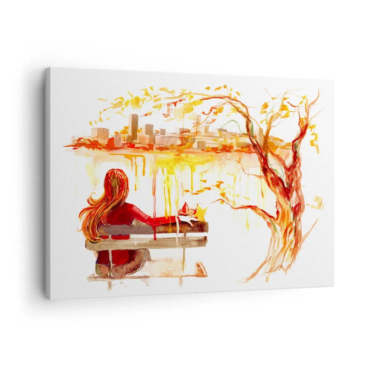 Quadro su tela - Stampe su Tela - Scena ad acquerello di una donna su una panchina con vista sulla città - 70x50cm - Un momento di riflessione - Decorazione murale moderna per soggiorno e camera da letto ARTTOR