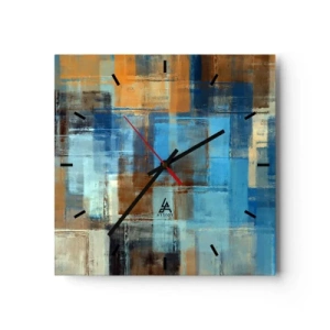 Orologio da parete - Orologio in Vetro - Composizione geometrica astratta nei toni del blu e del marrone - 30x30cm - Attraverso la tenda blu - Decorazione murale moderna per soggiorno e camera da letto ARTTOR