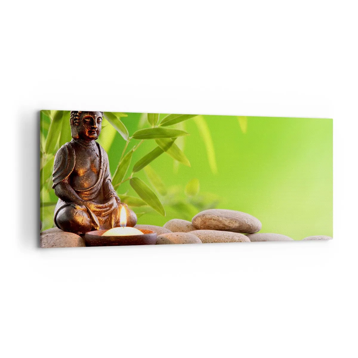 Quadro su tela - Stampe su Tela - Figura di Buddha con pietre e una candela su uno sfondo di bambù - 120x50cm - La vita è bella - Decorazione murale moderna per soggiorno e camera da letto ARTTOR