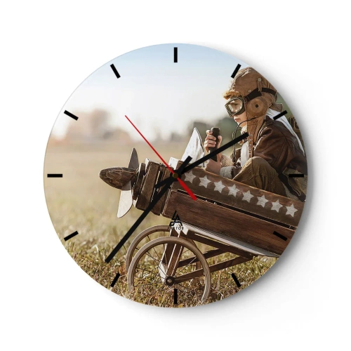 Orologio da parete - Orologio in Vetro - Un ragazzo in costume da pilota su un aereo di legno - 30x30cm - Decollo verso i sogni - Decorazione murale moderna per soggiorno, cucina e camera da letto ARTTOR