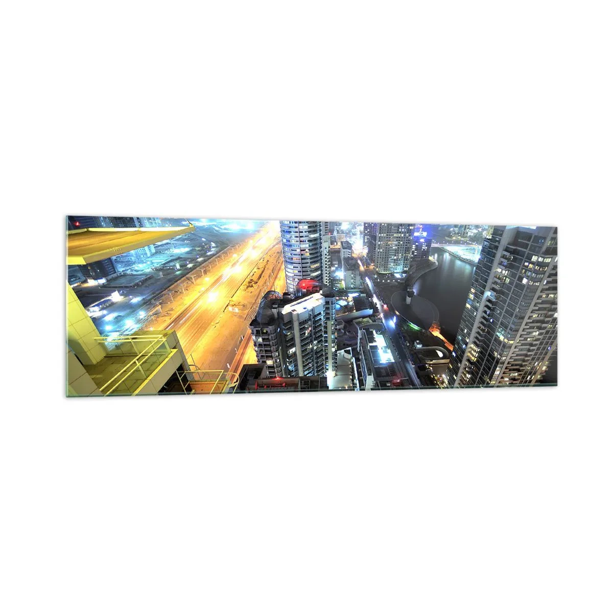 Quadro su vetro - Panorama della città notturna con grattacieli illuminati - 160x50cm - Miracolo nel deserto - Decorazione murale moderna per soggiorno e camera da letto ARTTOR