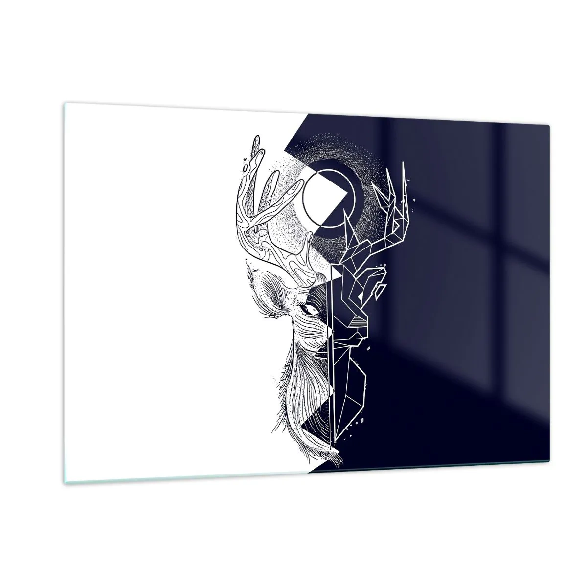Quadro su vetro - Disegno geometrico di un cervo su sfondo bianco e nero - 120x80cm - Lotta e unità degli opposti - Decorazione murale moderna per soggiorno e camera da letto ARTTOR