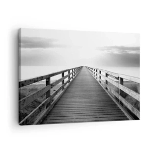 Quadro su tela - Stampe su Tela - Un'immagine in bianco e nero di un molo di legno che conduce verso l'orizzonte. - 70x50cm - Sempre più lontano - Decorazione murale moderna per soggiorno e camera da letto ARTTOR