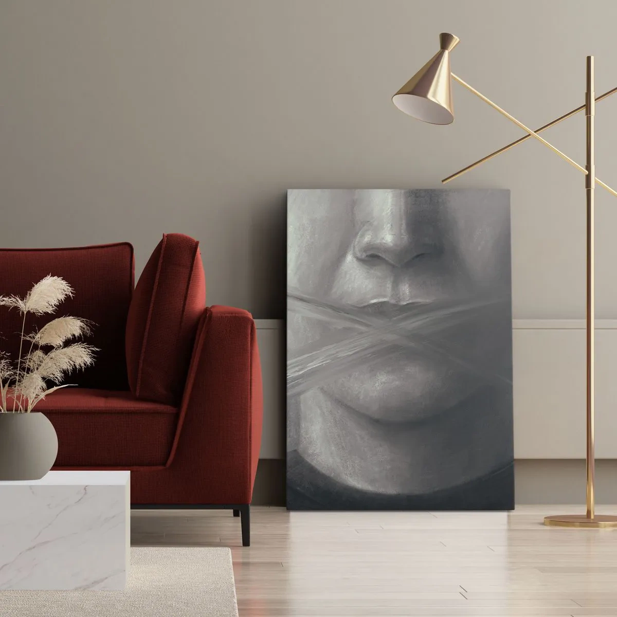 Quadro su tela - Stampe su Tela - Un ritratto simbolico con labbra sfocate nei toni del grigio. - 50x70cm - Neanche una parola - Decorazione murale moderna per soggiorno e camera da letto ARTTOR