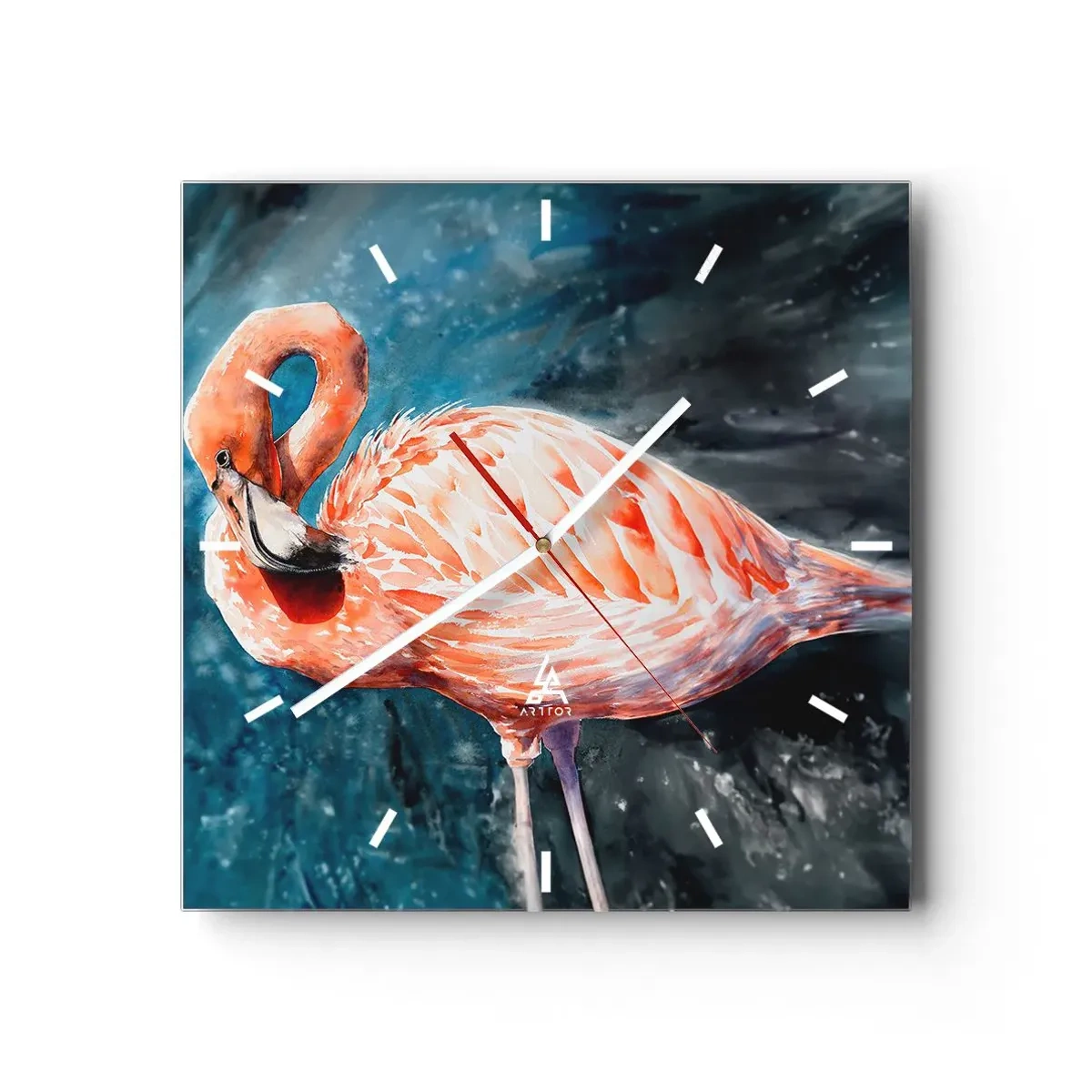 Orologio da parete - Orologio in Vetro - Un fenicottero rosa su uno sfondo blu acquerello - 30x30cm - Naturalmente decorativo - Decorazione murale moderna per soggiorno e camera da letto ARTTOR