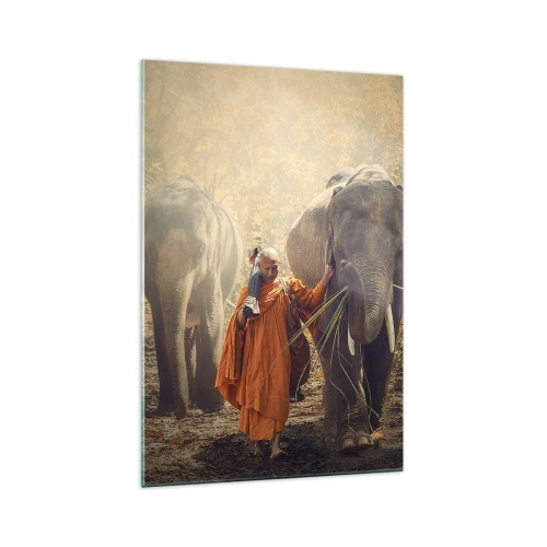 Quadro su vetro - Un monaco con una tunica arancione guida un elefante nella foresta. - 70x100cm - Comprensione perfetta - Decorazione murale moderna per soggiorno e camera da letto ARTTOR