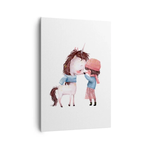 Quadro su tela - Stampe su Tela - Una ragazza e un unicorno in uno scenario invernale - 70x100cm - Racconto d'inverno - Decorazione murale moderna per soggiorno e camera da letto ARTTOR