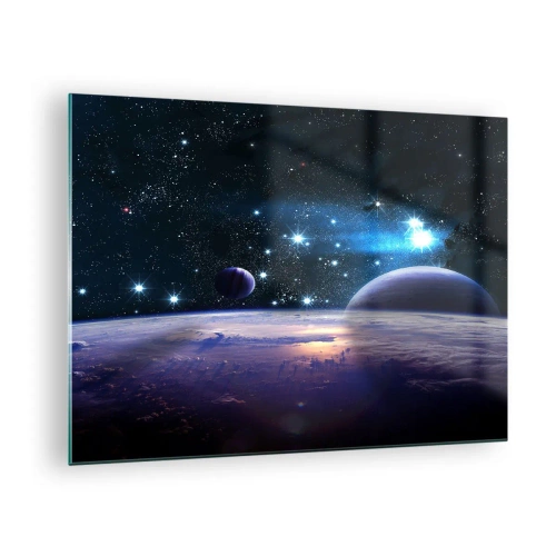 Quadro su vetro - Un paesaggio spaziale con pianeti e stelle sullo sfondo di una galassia. - 70x50cm - Sempre da soli? - Decorazione murale moderna per soggiorno e camera da letto ARTTOR