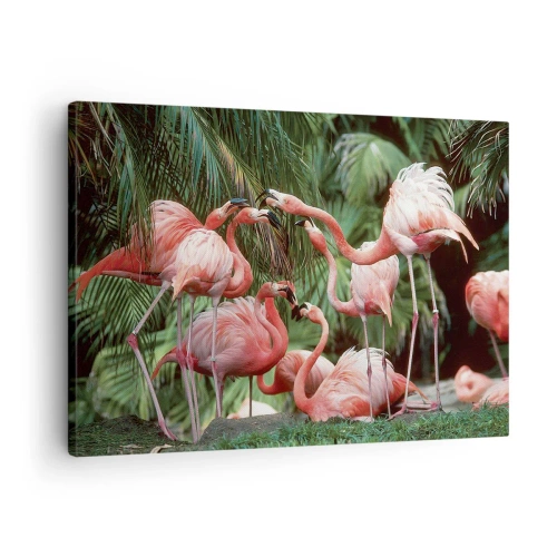 Quadro su tela - Stampe su Tela - Un gruppo di fenicotteri in un ambiente tropicale circondato da palme - 70x50cm - Pettegolezzi pomeridiani - Decorazione murale moderna per soggiorno e camera da letto ARTTOR